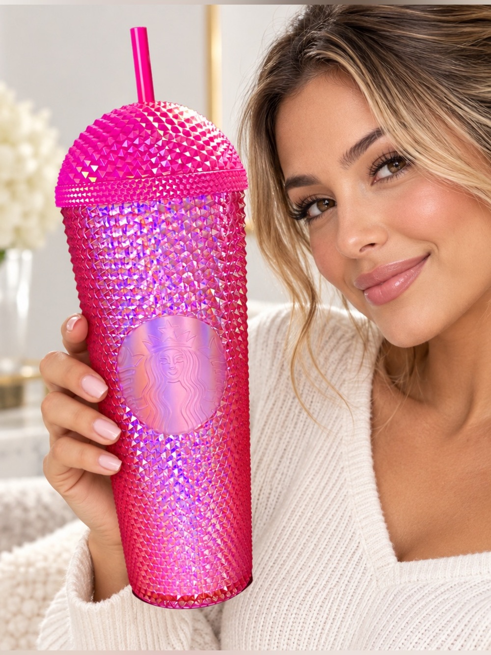 Starbucks Hot Pink Iridescent Studded Cold Cup Tumbler 24 oz w/ Straw